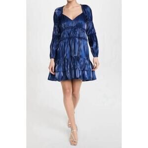 Cinq A Sept Tammy Dress Metallic Eclipse Blue Ruffle Long Puff Sleeves EUC 00